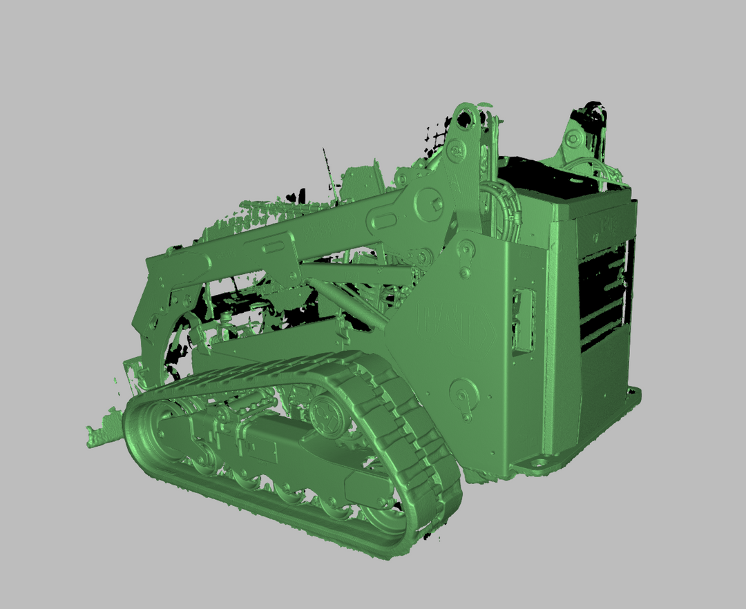 Processed 3D mesh model of a compact track loader generated from scan data