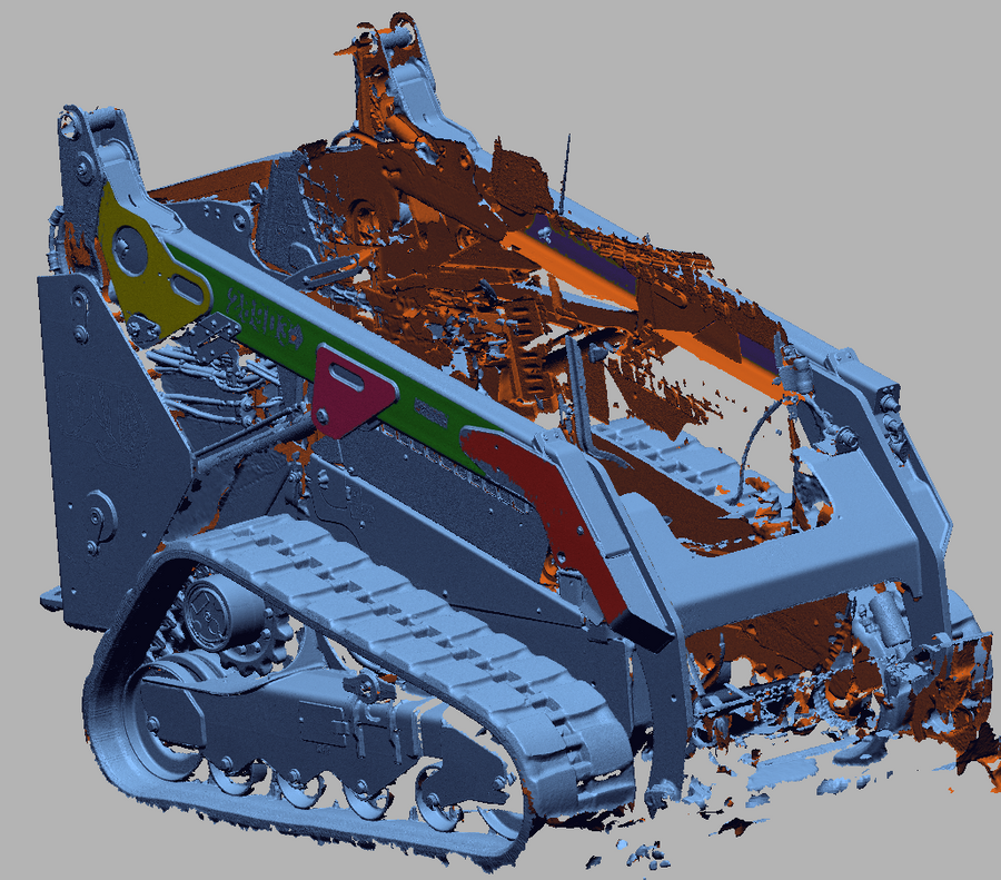 Raw 3D scan data of a compact track loader captured with handheld structured-light scanning